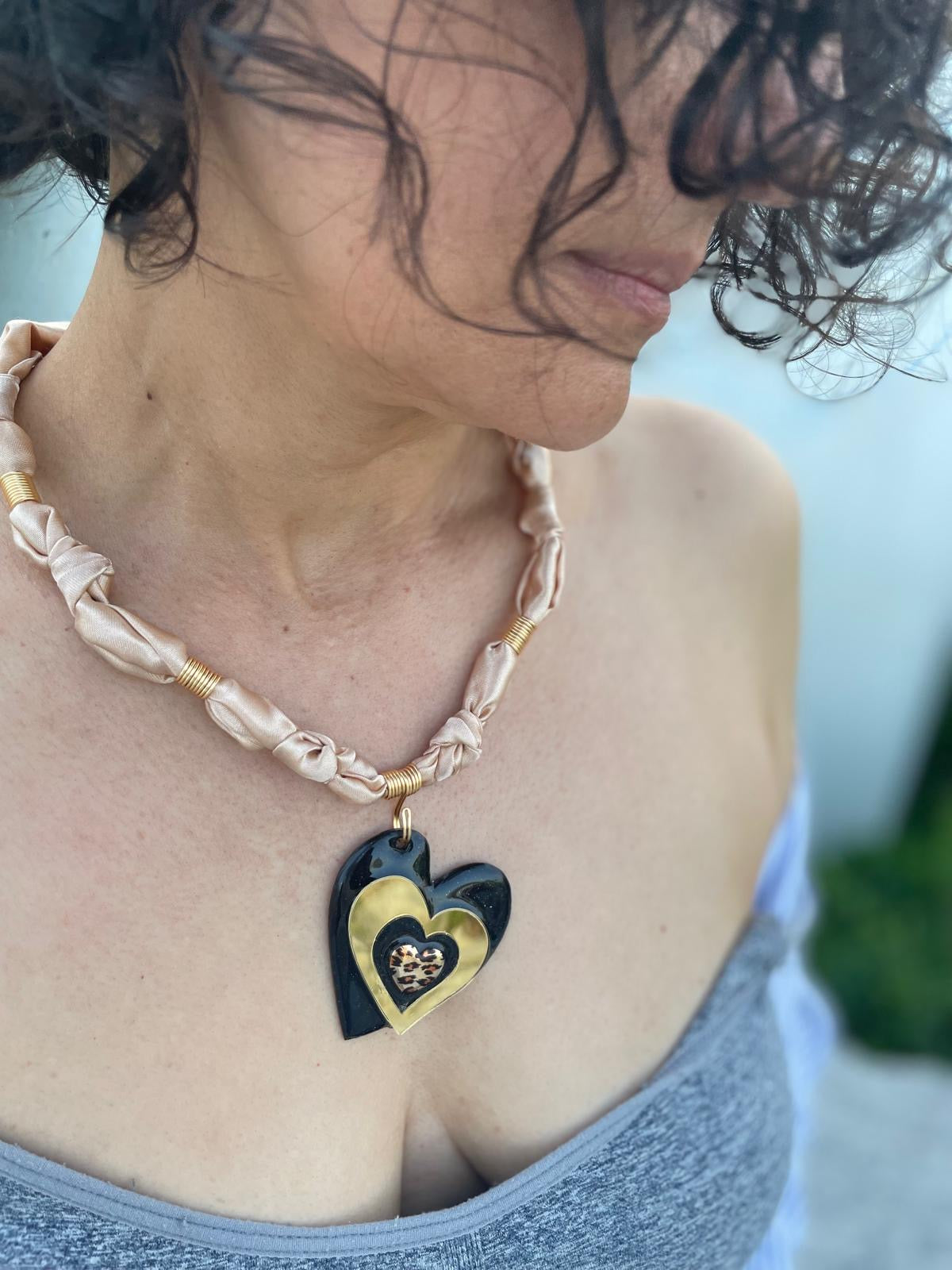 Triple Heart Pendant Bandanna Necklace