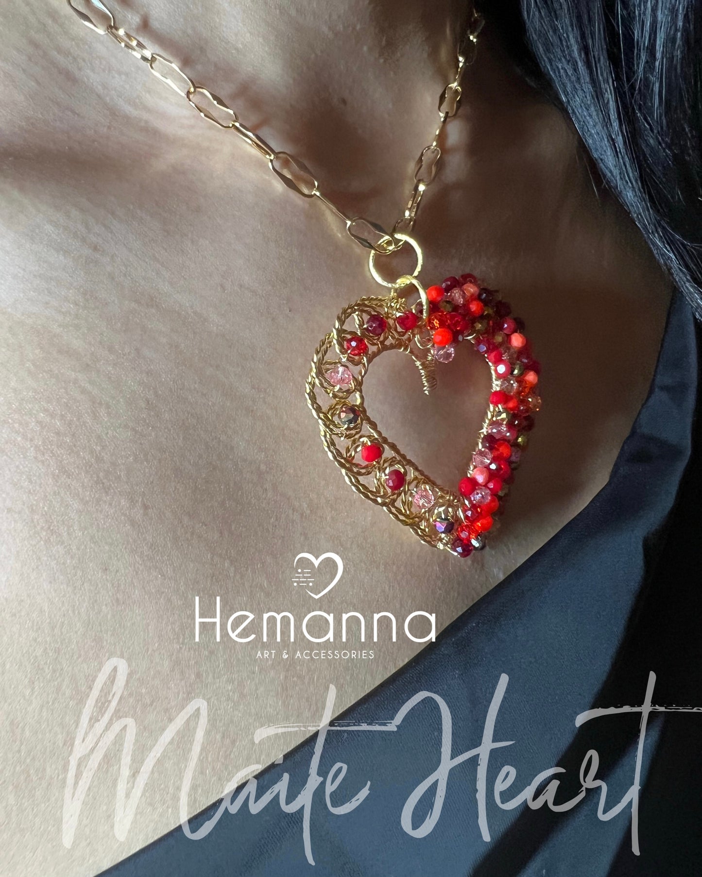 Red Filigree Heart Statement Necklace – 18K Gold Plated Wire Beaded Maxi Pendant | Bold Romantic Jewelry | Spread the Love Collection