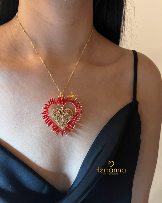 Red & Gold Statement Heart Pendant Necklace