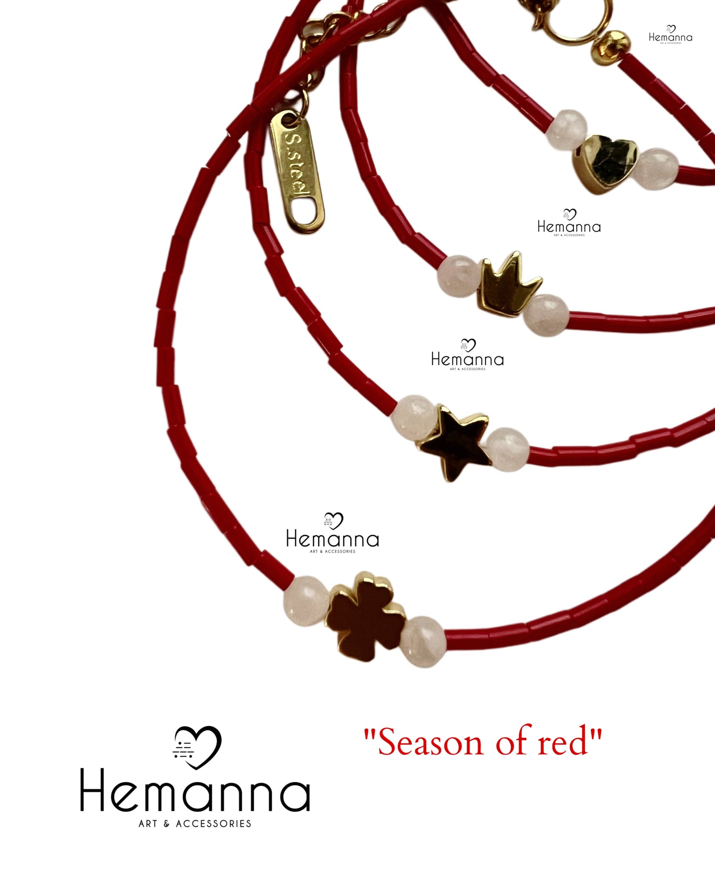 Red bugles beaded Charms Bracelets – Heart, Star, Clover & Crown