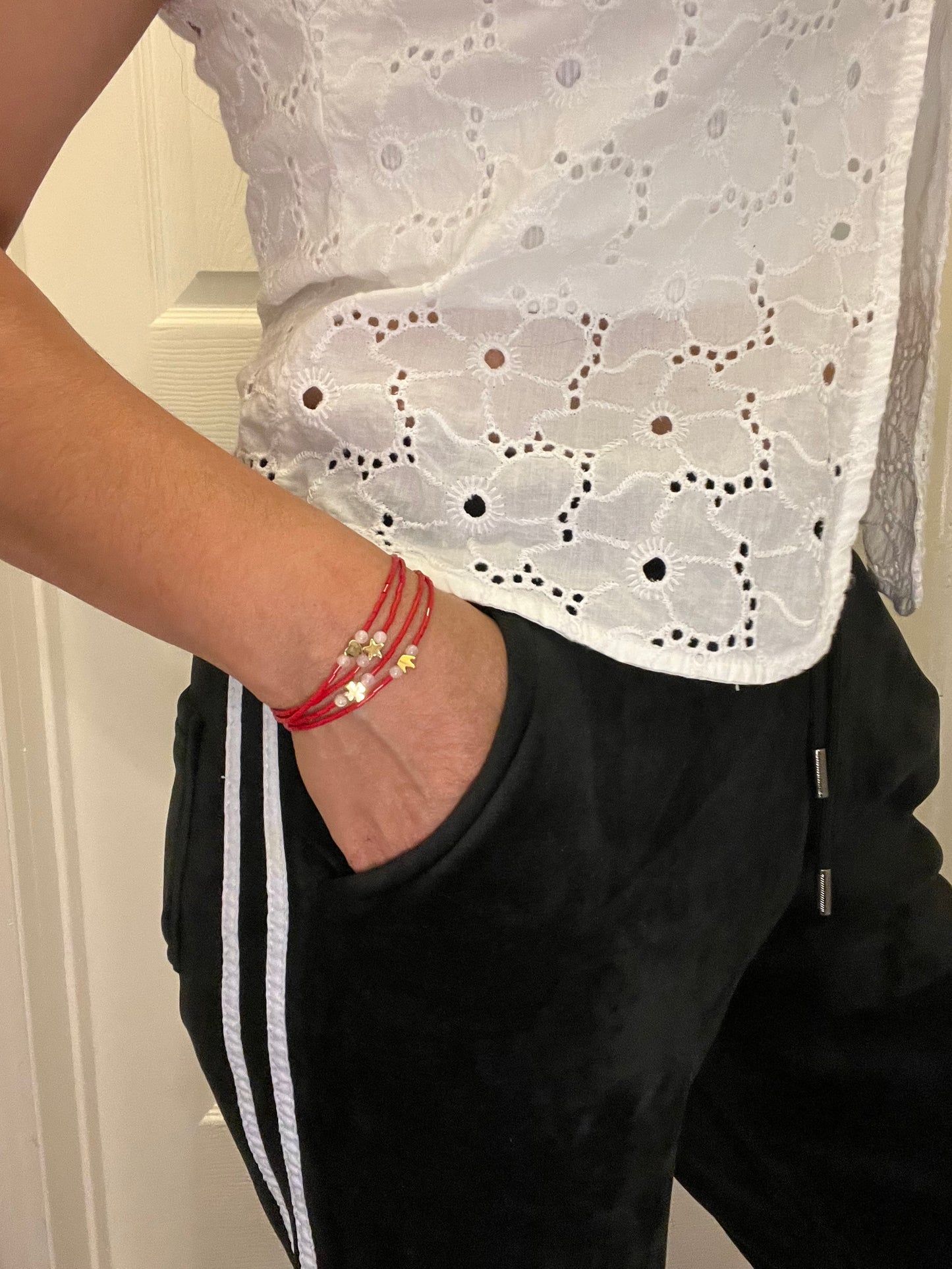 Red bugles beaded Charms Bracelets – Heart, Star, Clover & Crown