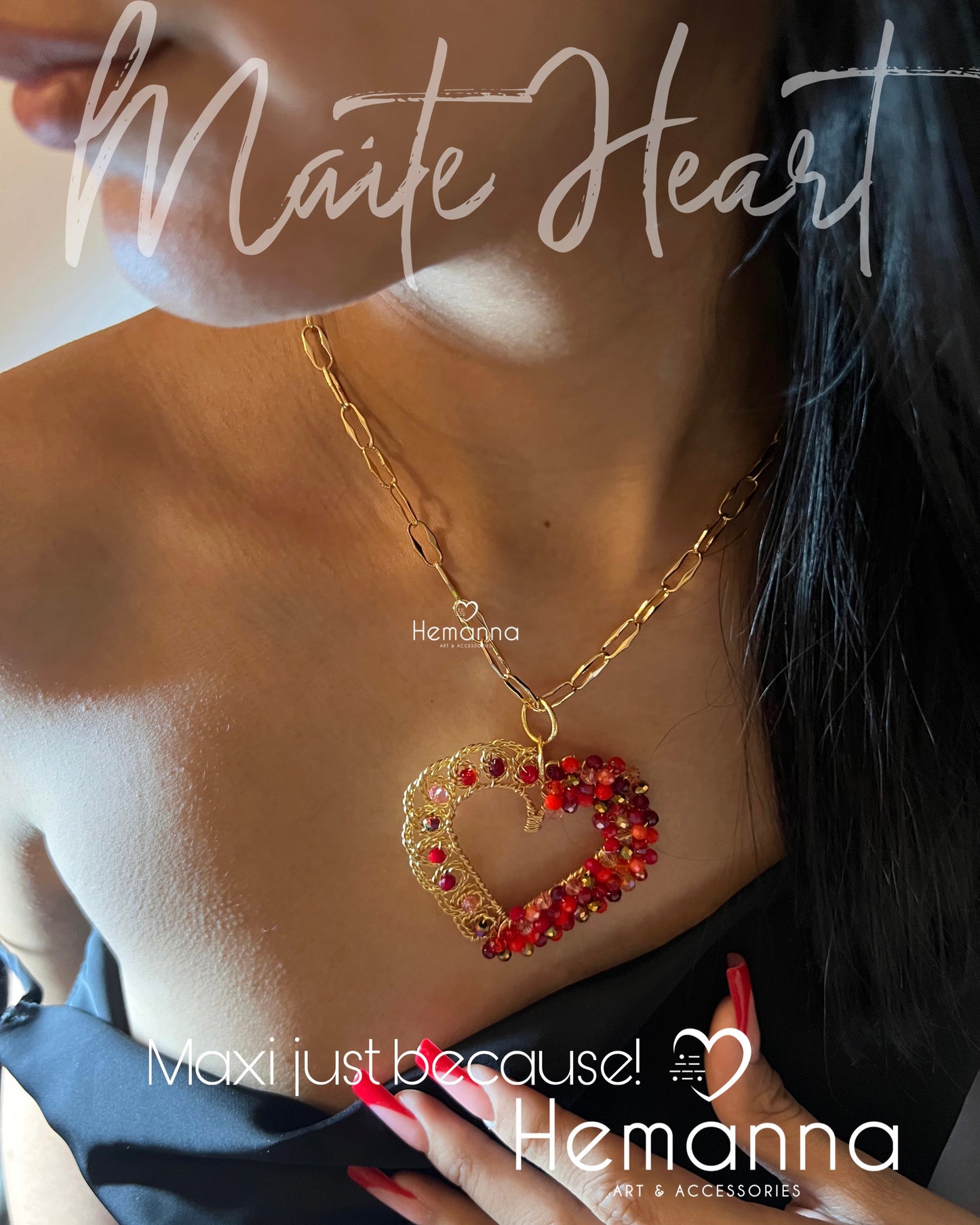 Red Filigree Heart Statement Necklace – 18K Gold Plated Wire Beaded Maxi Pendant | Bold Romantic Jewelry | Spread the Love Collection