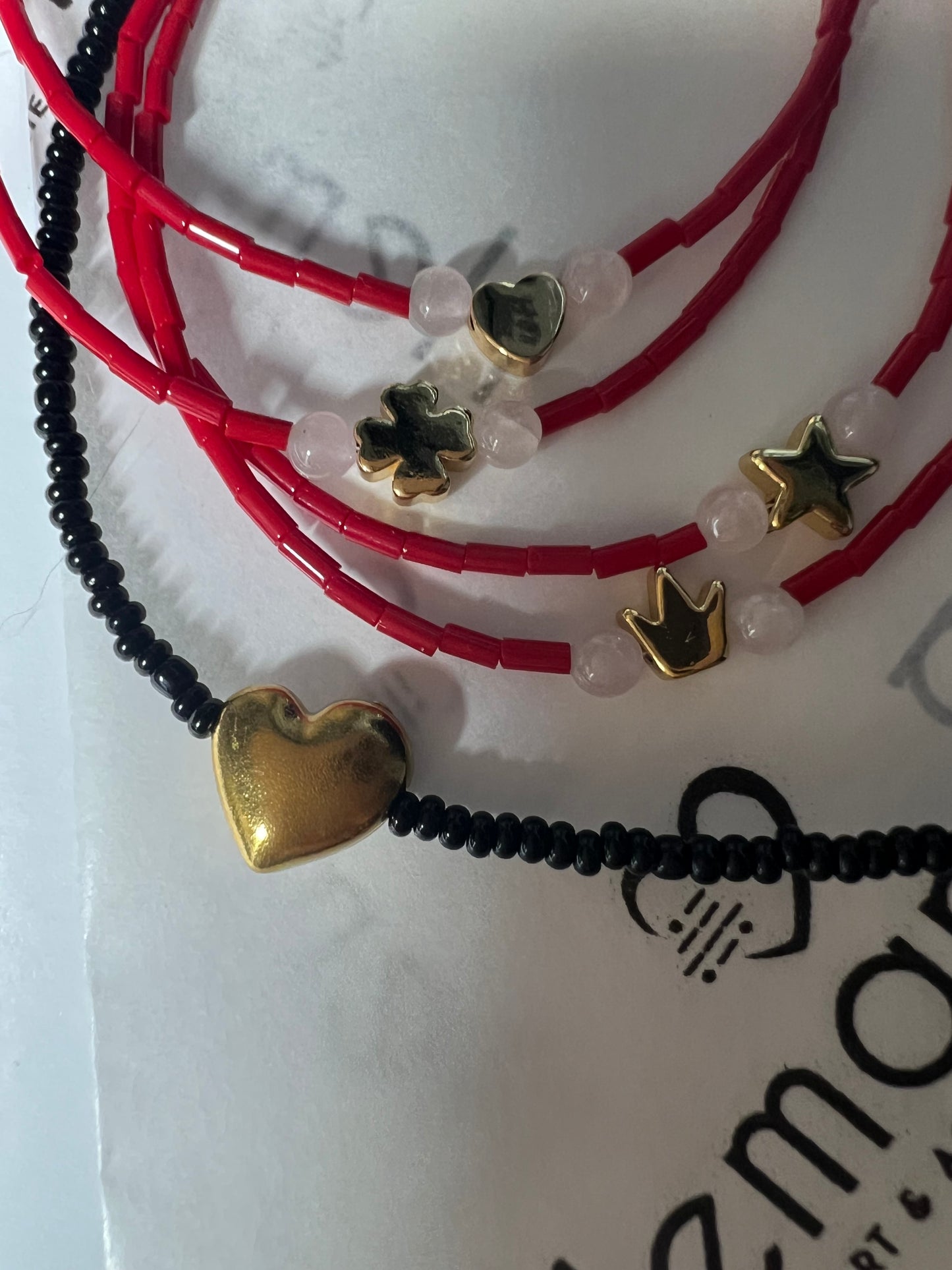 Red bugles beaded Charms Bracelets – Heart, Star, Clover & Crown