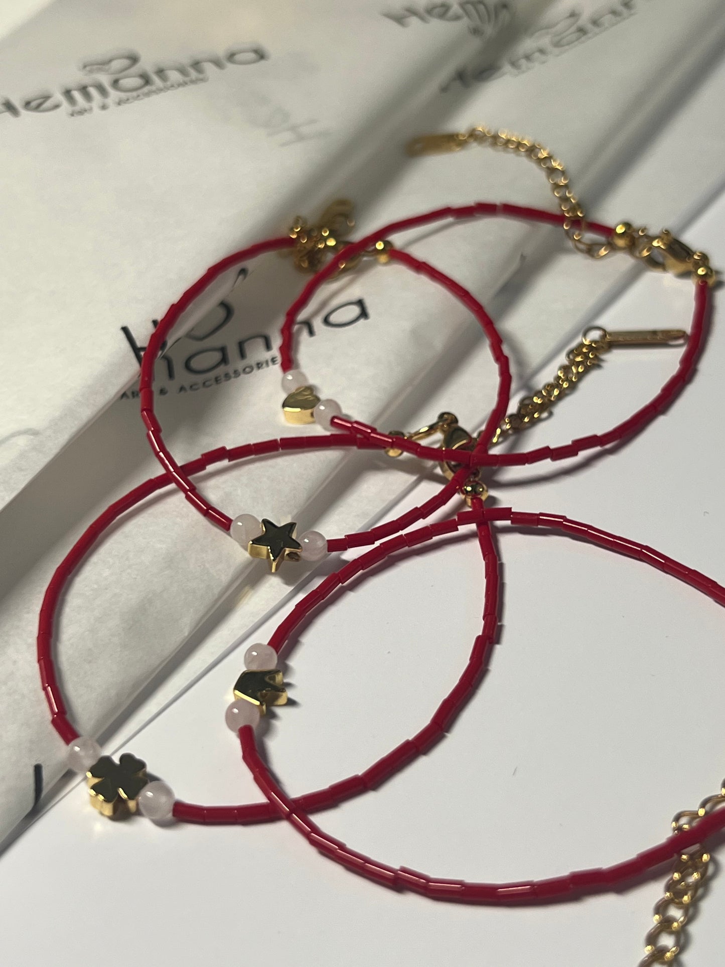 Red bugles beaded Charms Bracelets – Heart, Star, Clover & Crown