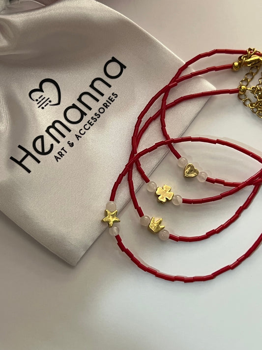 Red bugles beaded Charms Bracelets – Heart, Star, Clover & Crown