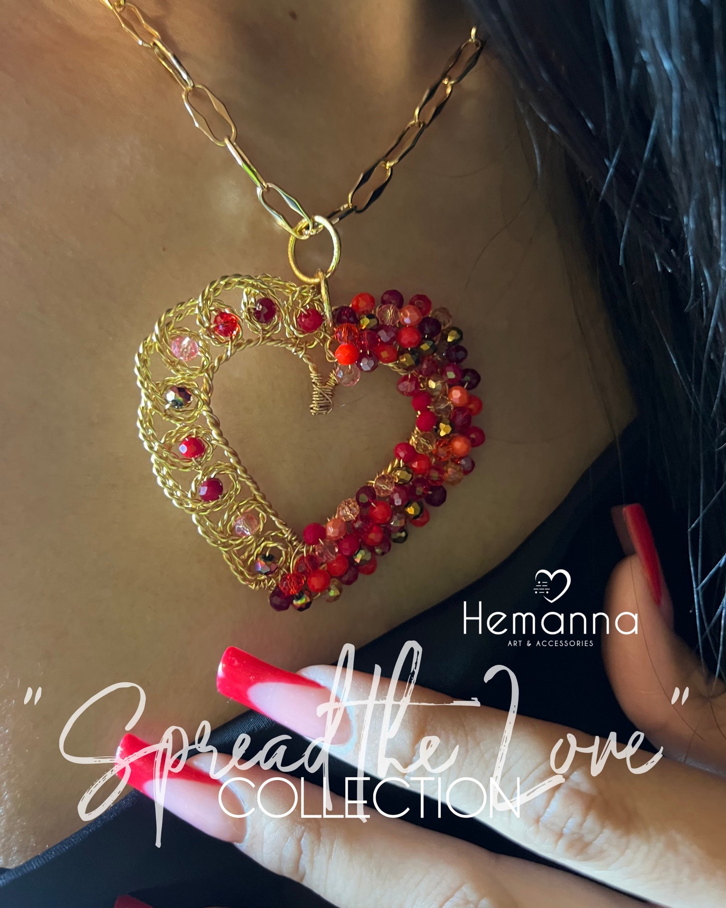 Red Filigree Heart Statement Necklace – 18K Gold Plated Wire Beaded Maxi Pendant | Bold Romantic Jewelry | Spread the Love Collection