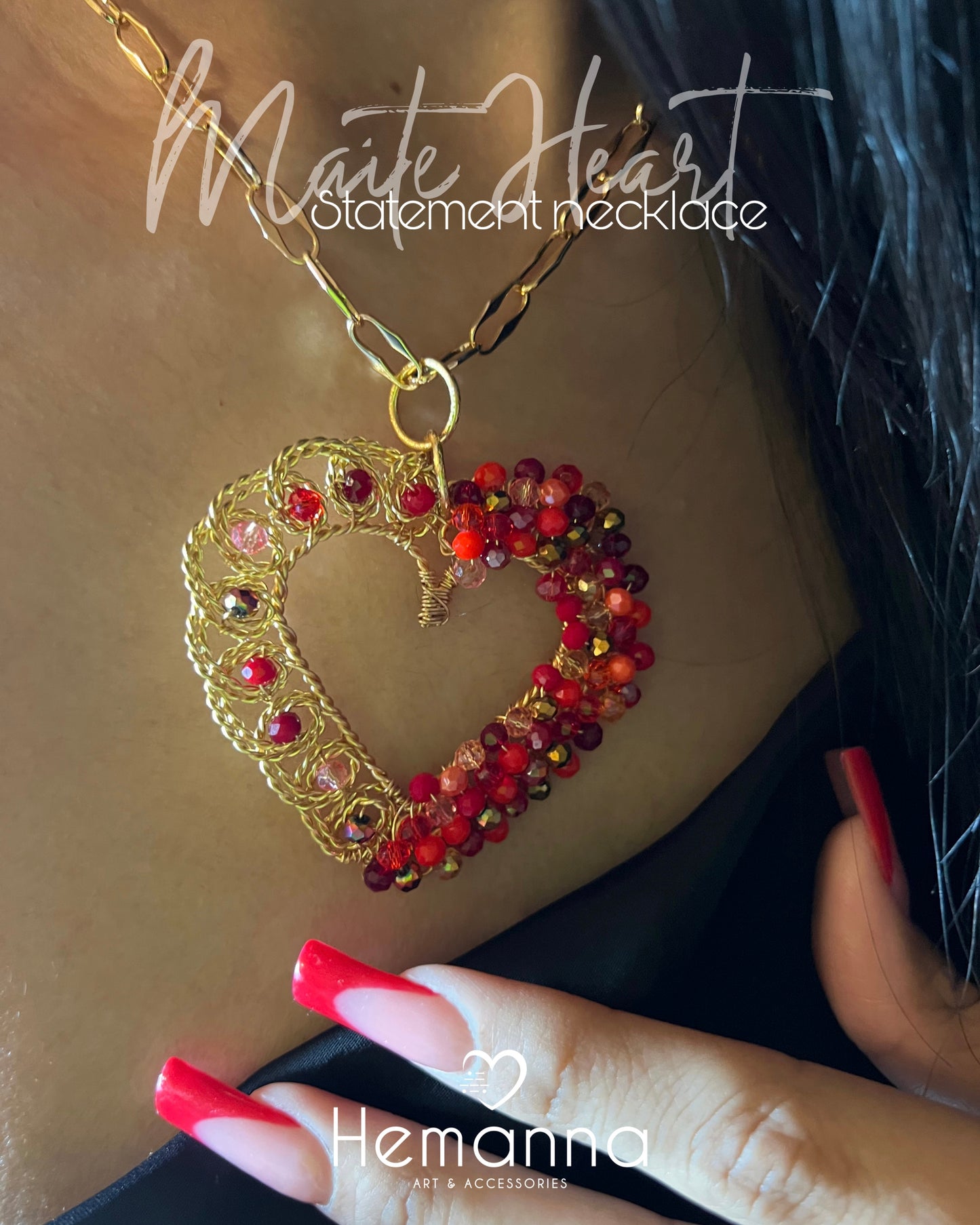 Red Filigree Heart Statement Necklace – 18K Gold Plated Wire Beaded Maxi Pendant | Bold Romantic Jewelry | Spread the Love Collection