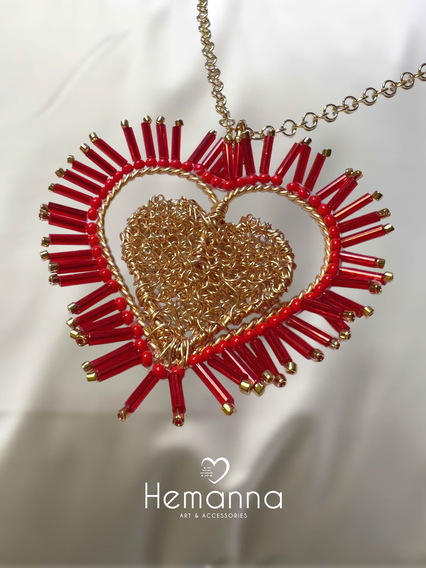 Red & Gold Statement Heart Pendant Necklace
