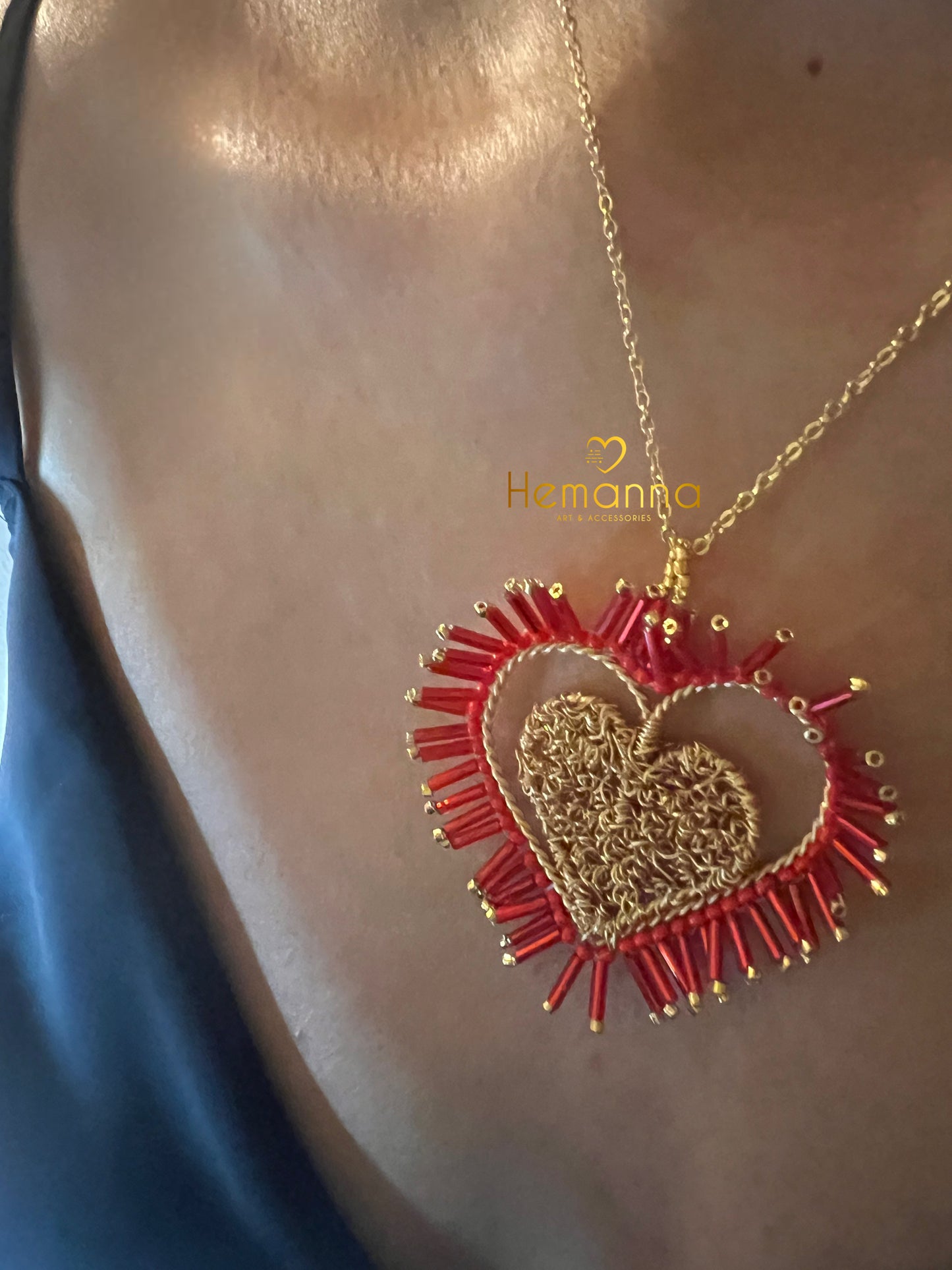 Red & Gold Statement Heart Pendant Necklace