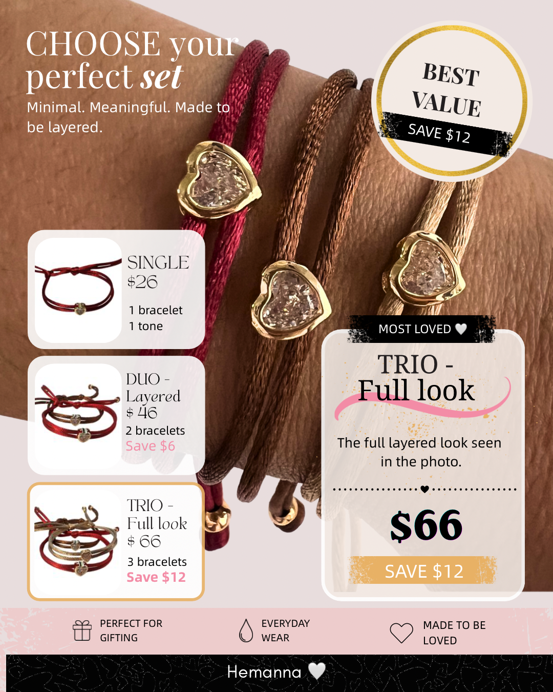 Love Link Duo| Minimal Bracelet Set | Satin Cord | Everyday Jewelry